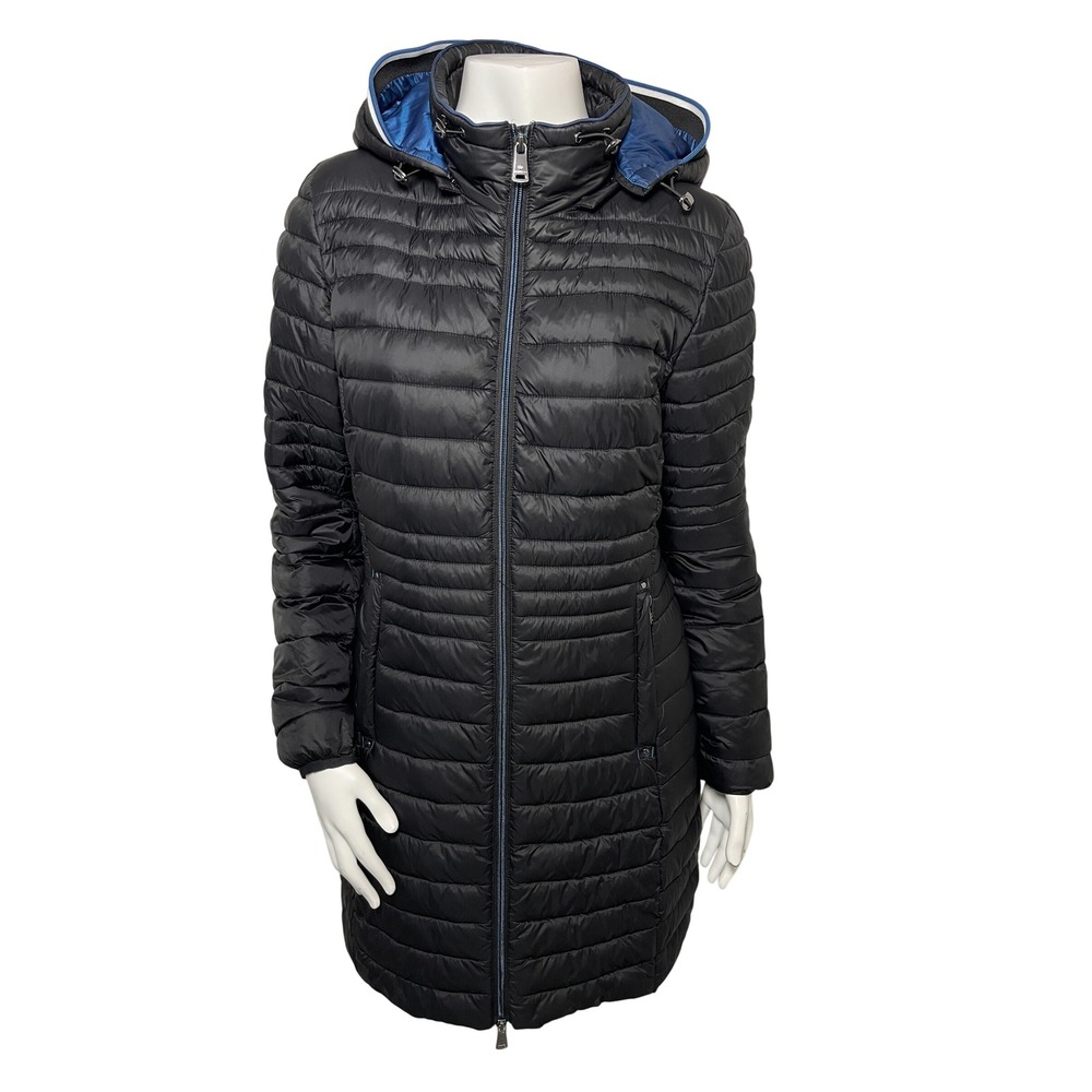 Bernardo EcoPlume Packable Black Long Hooded Puffer Coat Jacket Size M